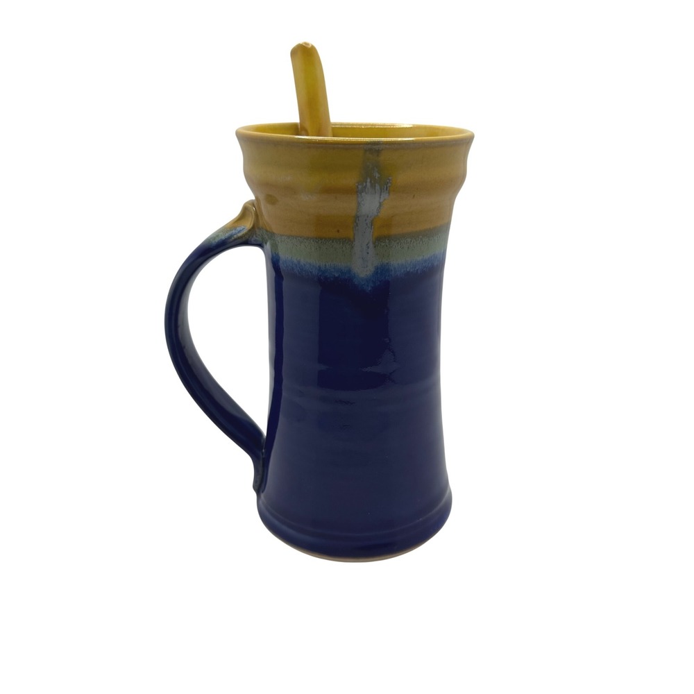 Sarah Gamble Studio Pottery Mug with Straw Stick Blue Yellow Hand Signed Art Mug